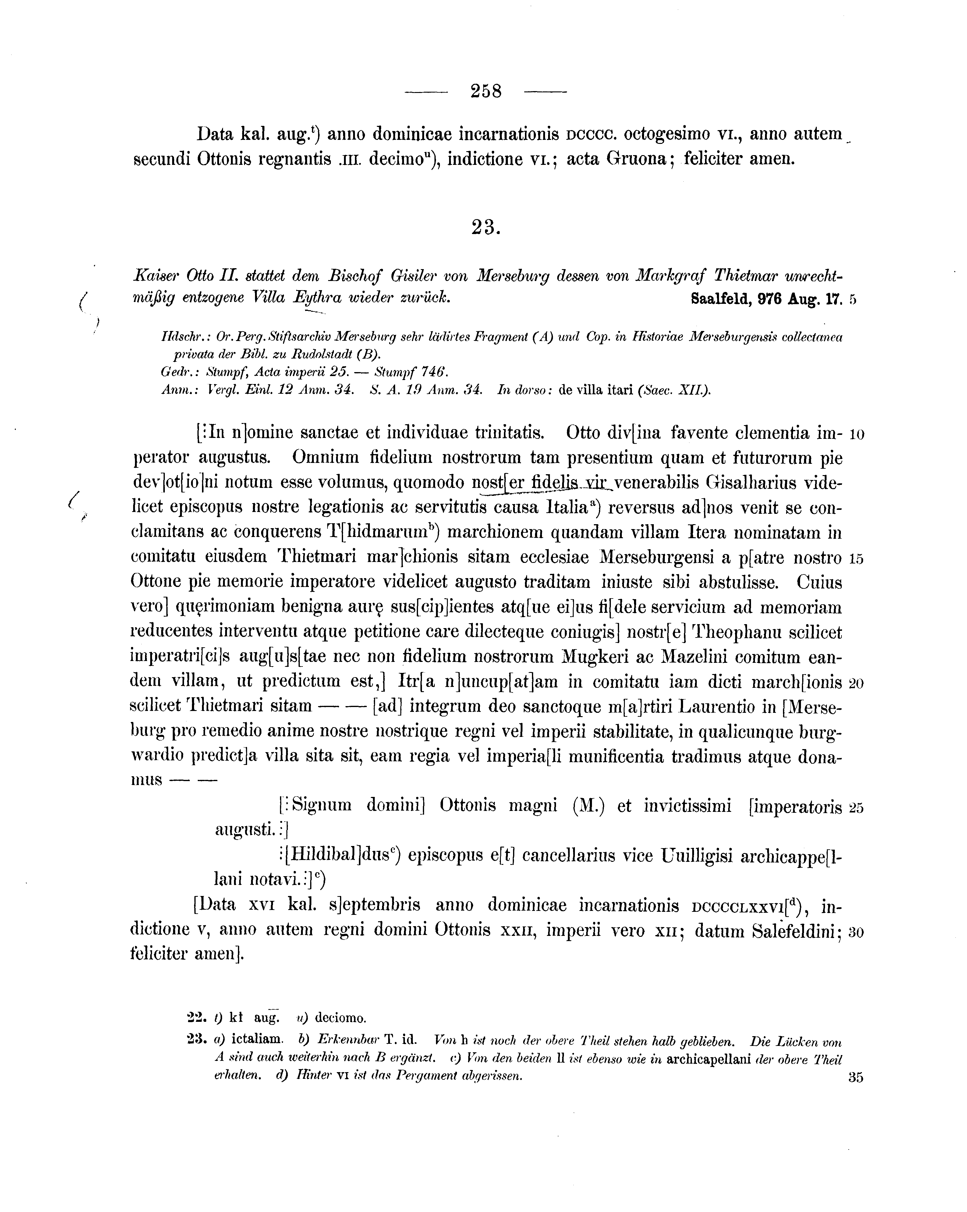 Historische Urkunde Seite 258 aus Band cds1a1