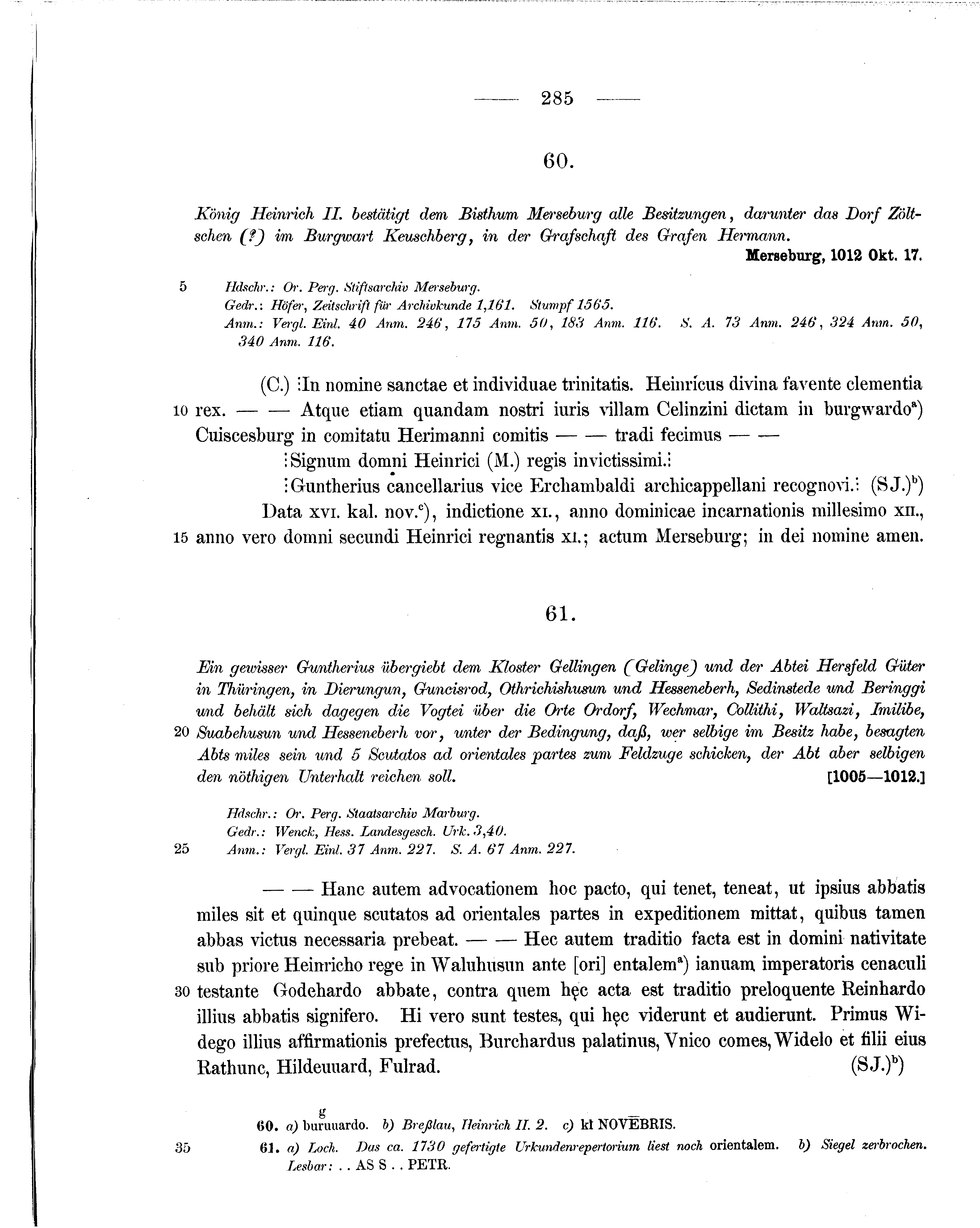 Historische Urkunde Seite 285 aus Band cds1a1