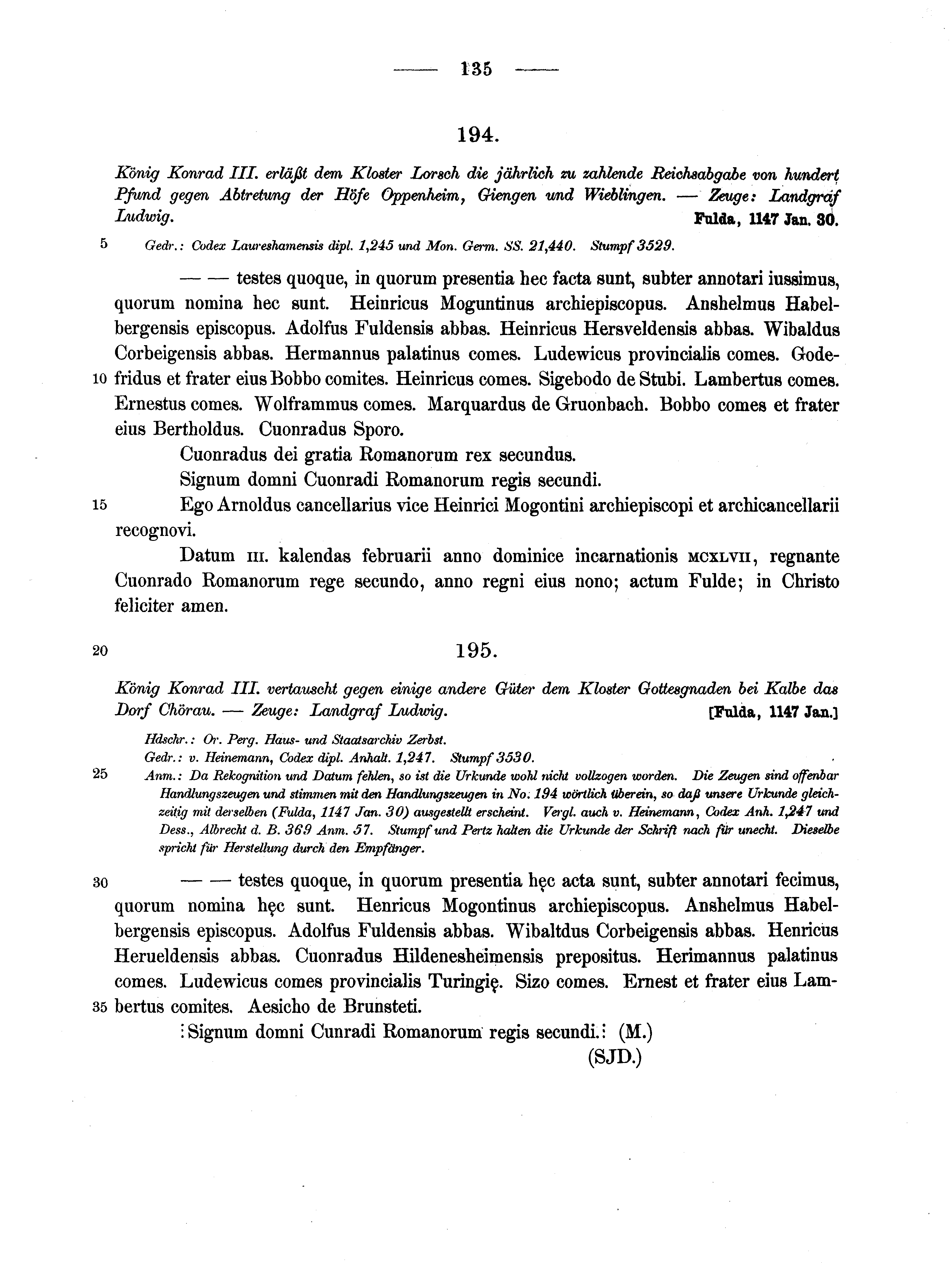 Historische Urkunde Seite 135 aus Band cds1a2