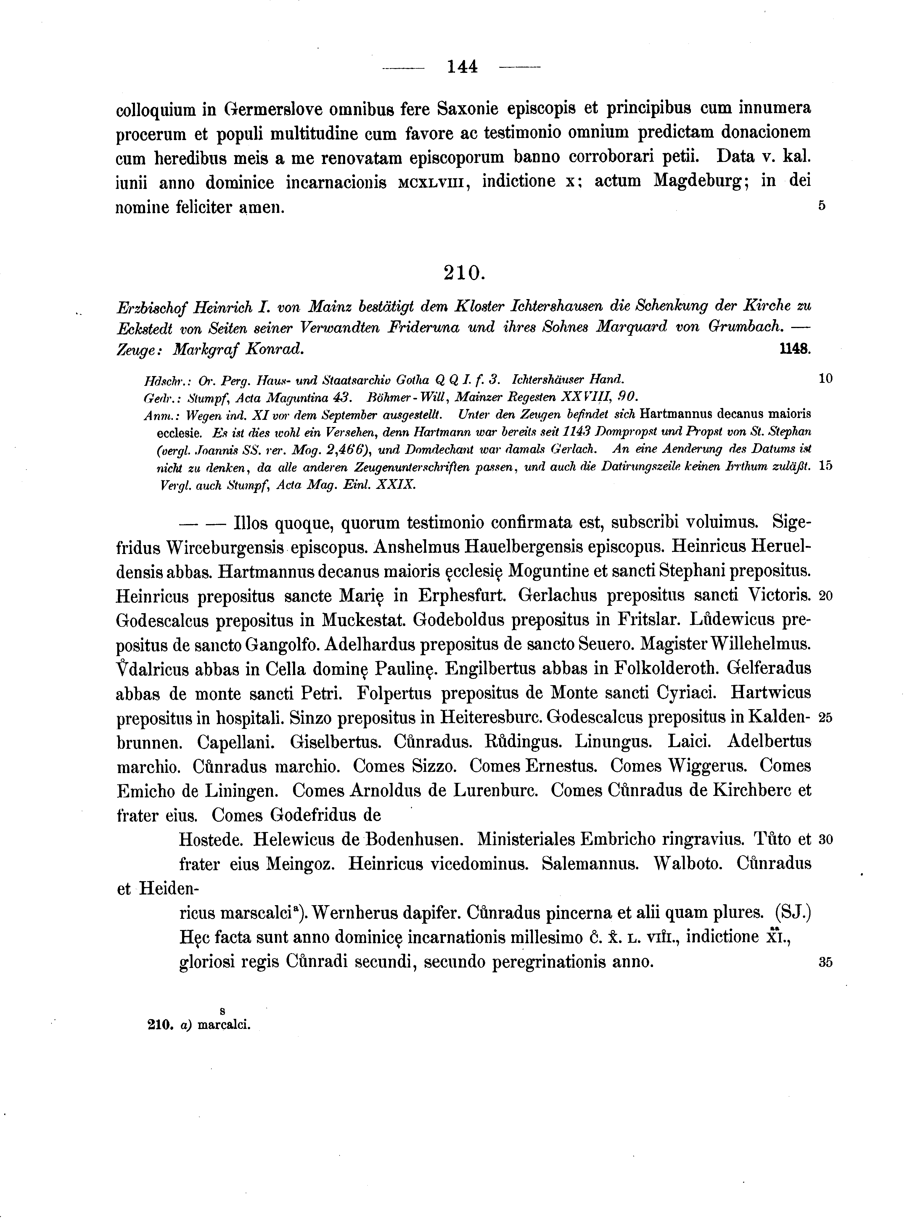 Historische Urkunde Seite 144 aus Band cds1a2