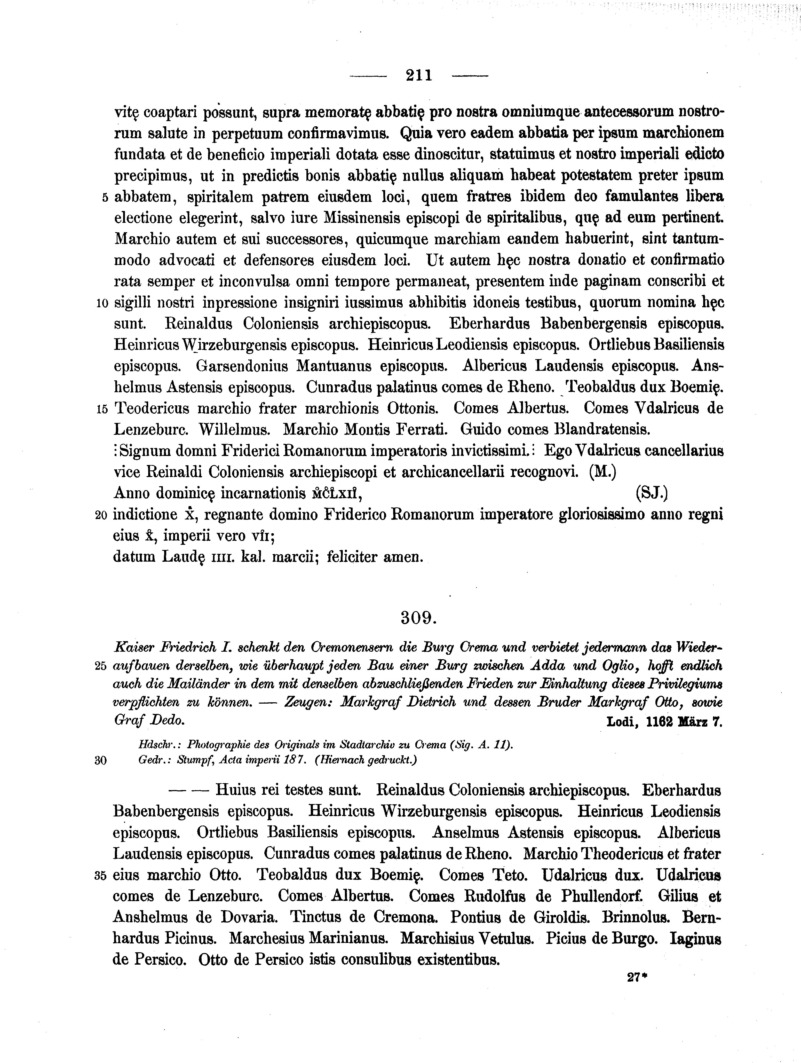 Historische Urkunde Seite 211 aus Band cds1a2