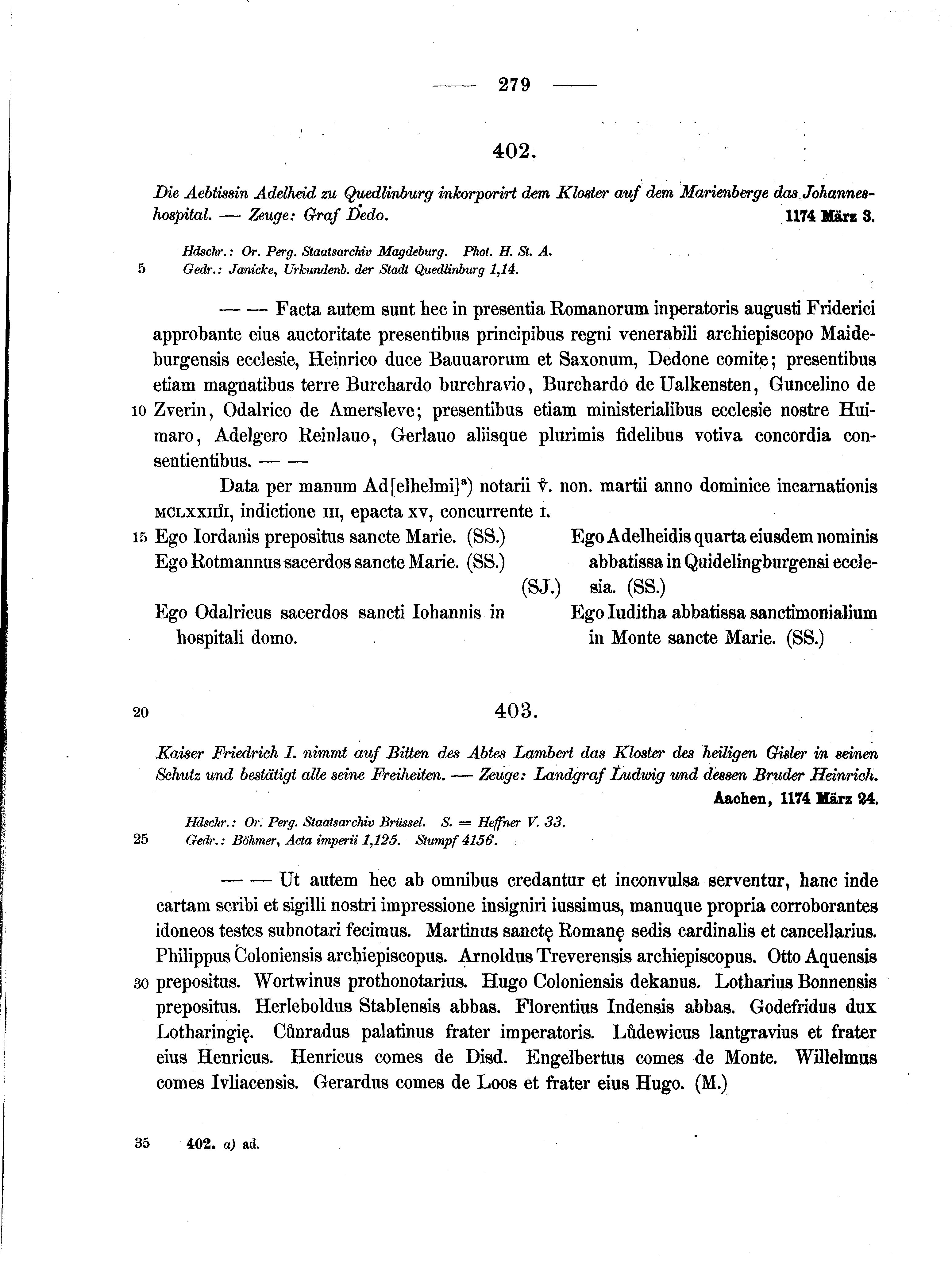 Historische Urkunde Seite 279 aus Band cds1a2