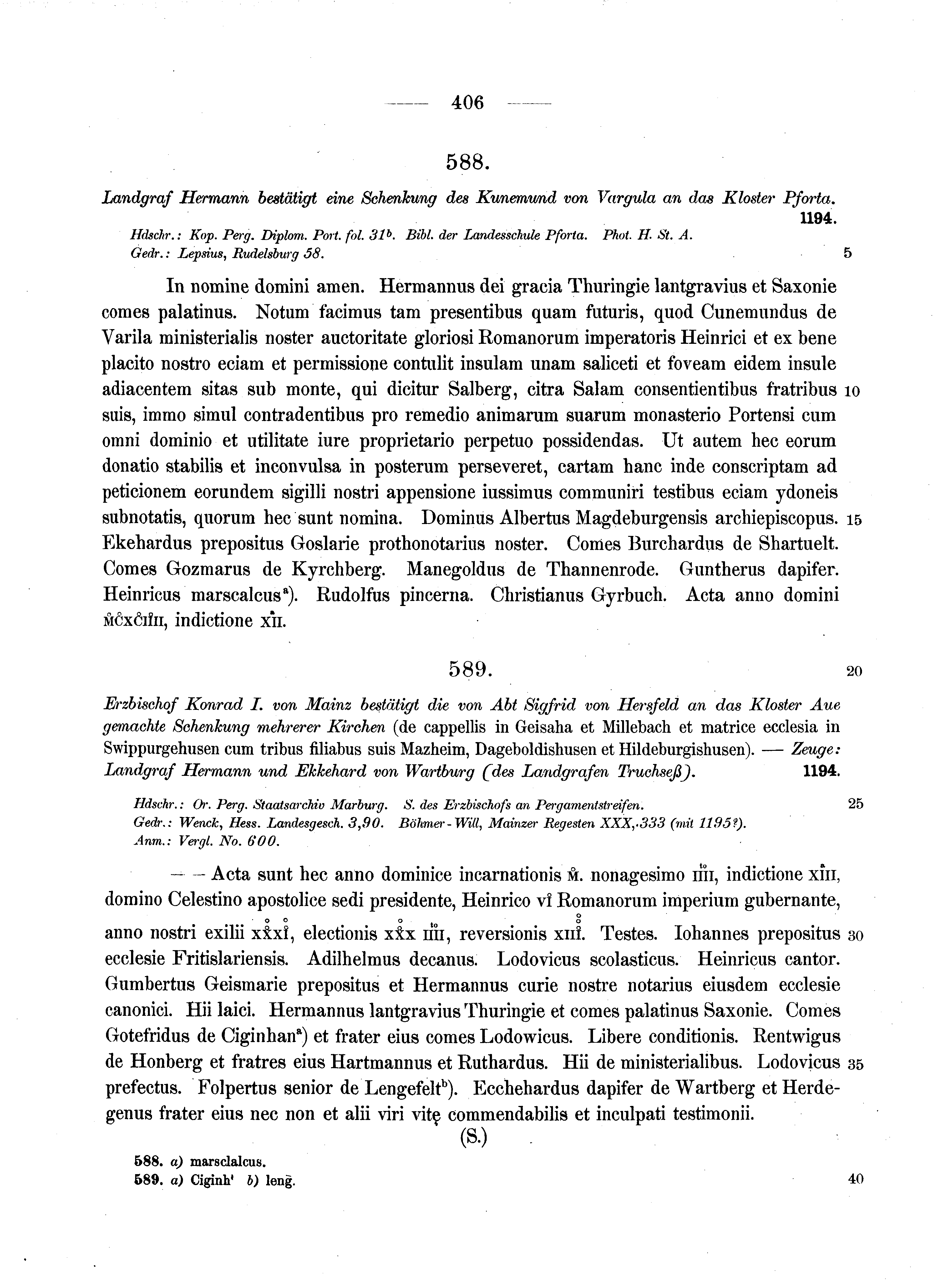 Historische Urkunde Seite 406 aus Band cds1a2