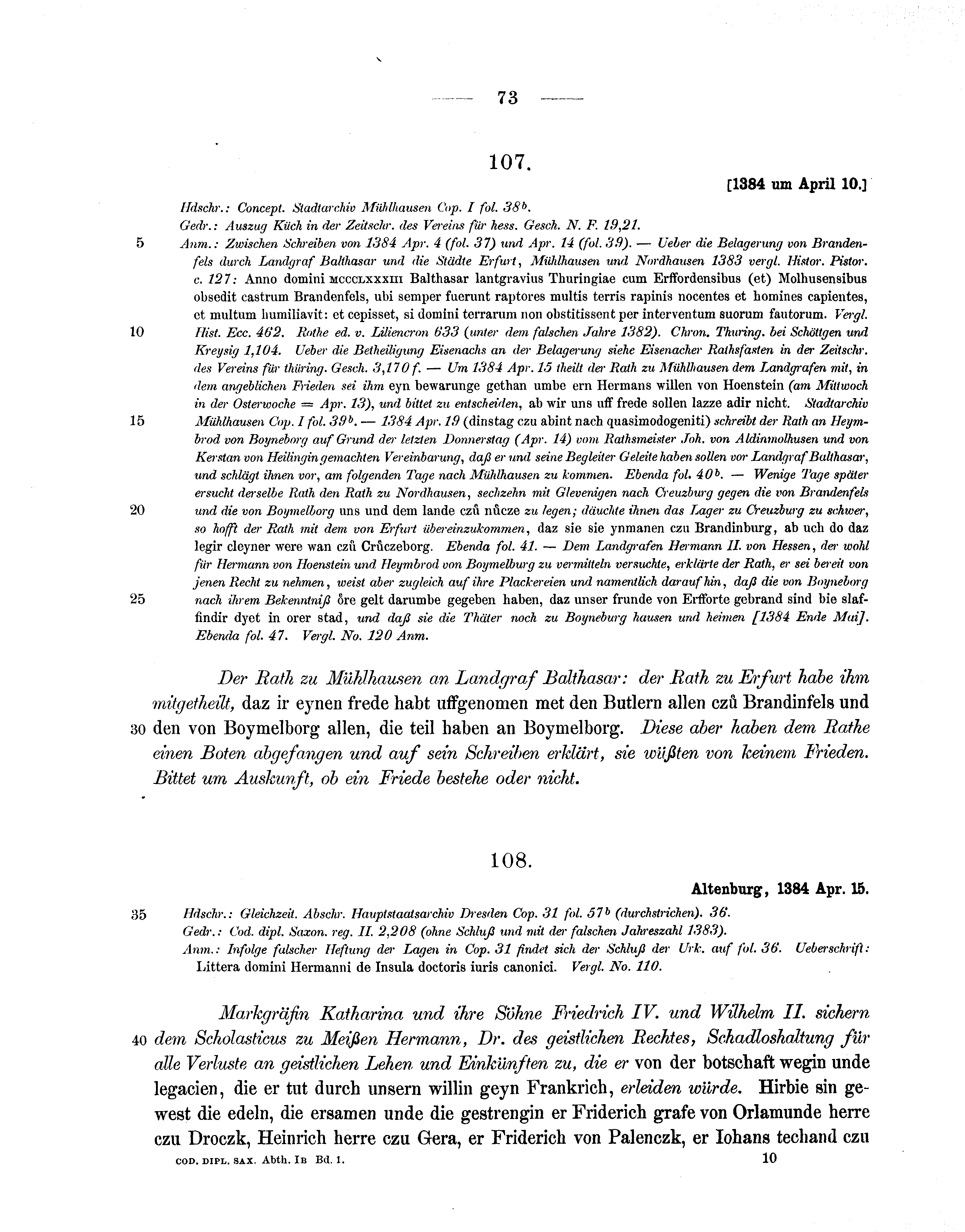 Historische Urkunde Seite 73 aus Band cds1b1