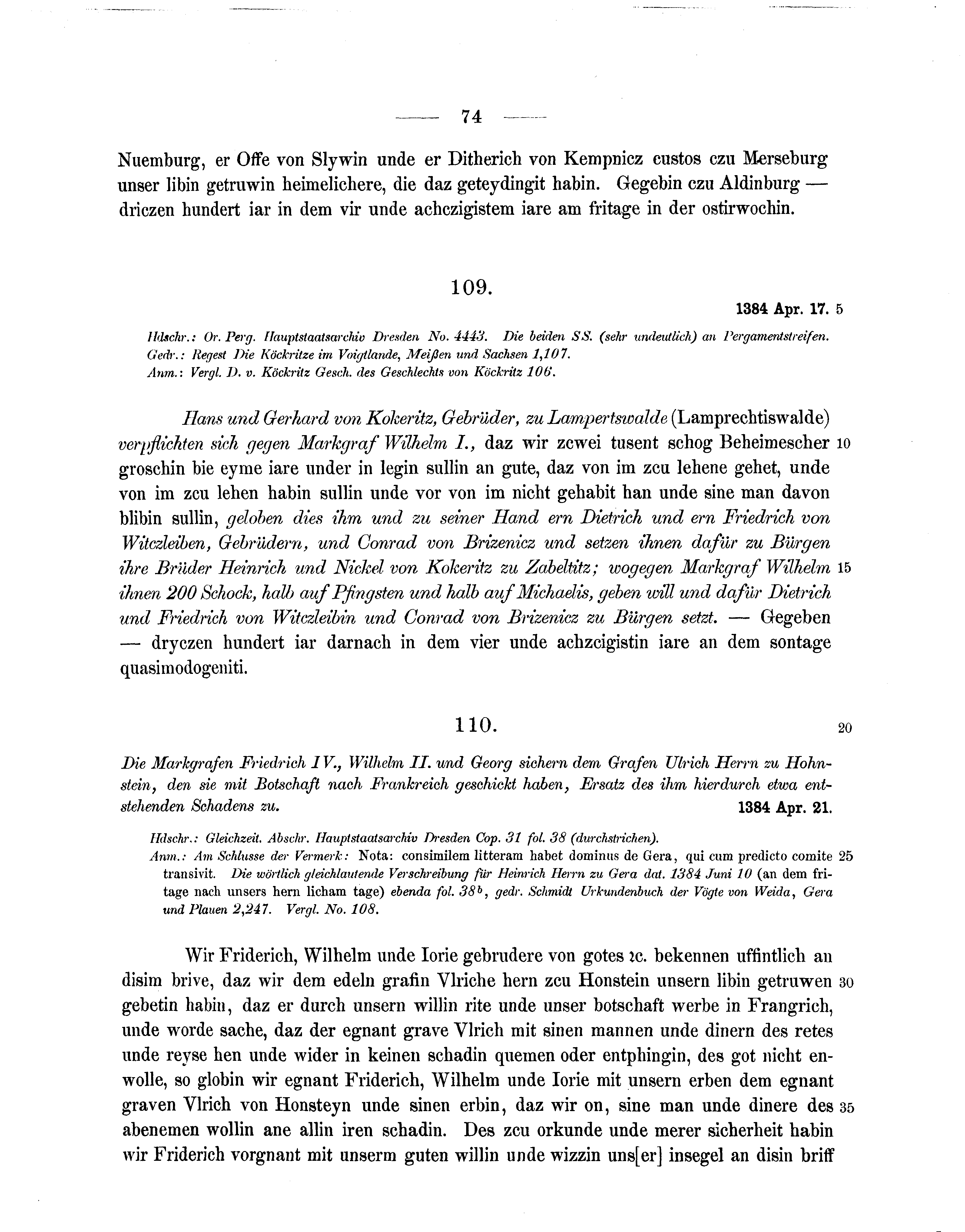 Historische Urkunde Seite 74 aus Band cds1b1