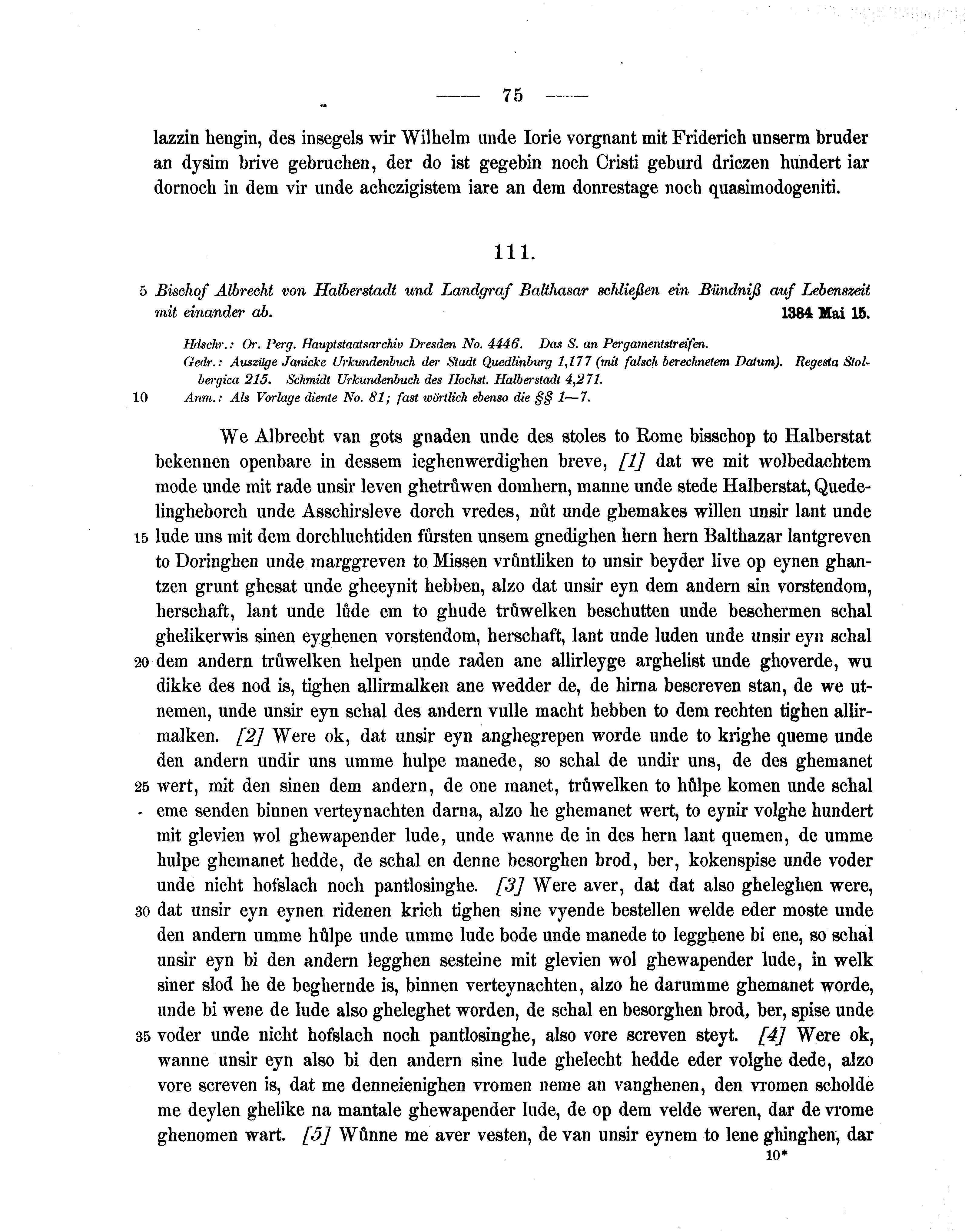 Historische Urkunde Seite 75 aus Band cds1b1