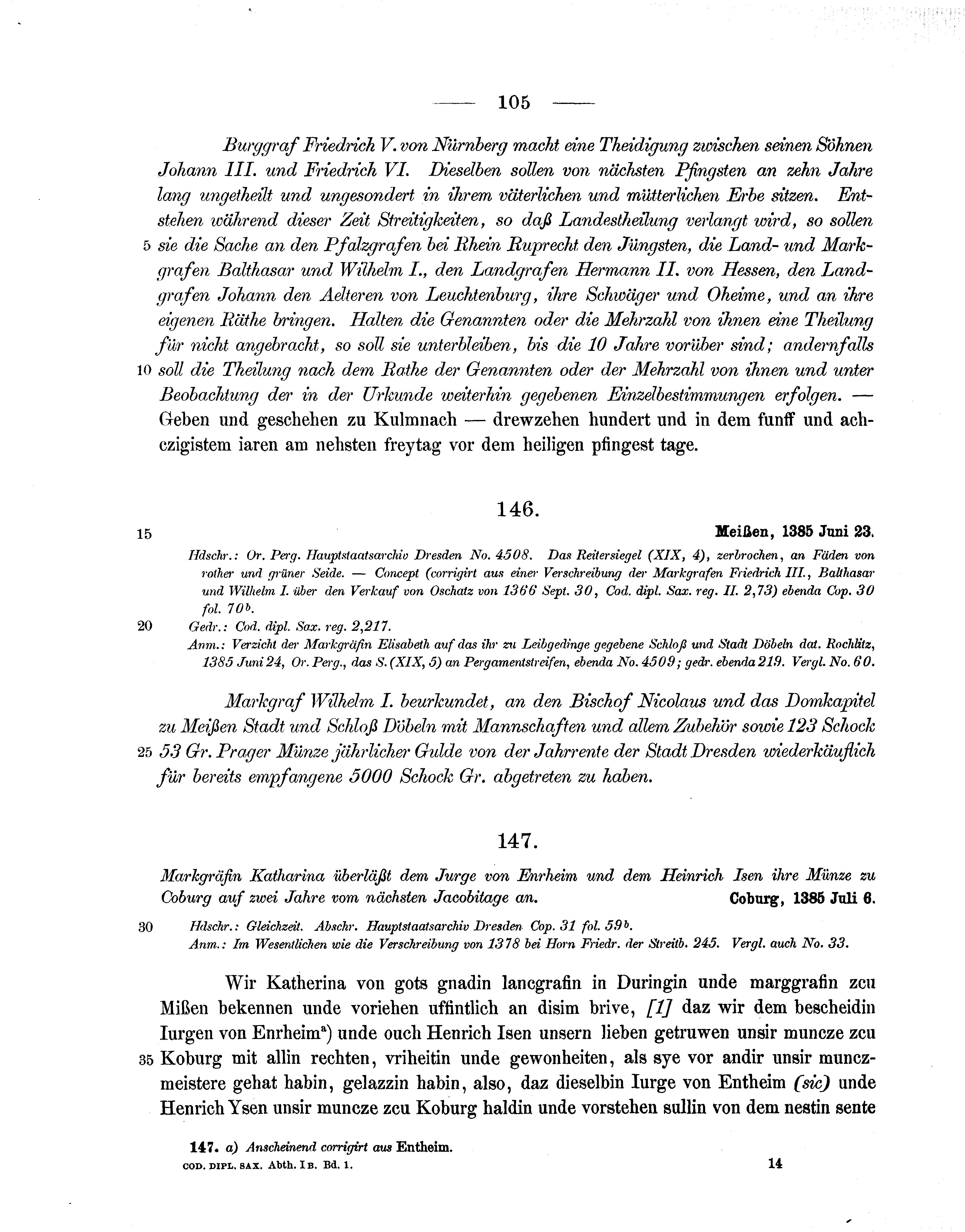 Historische Urkunde Seite 105 aus Band cds1b1