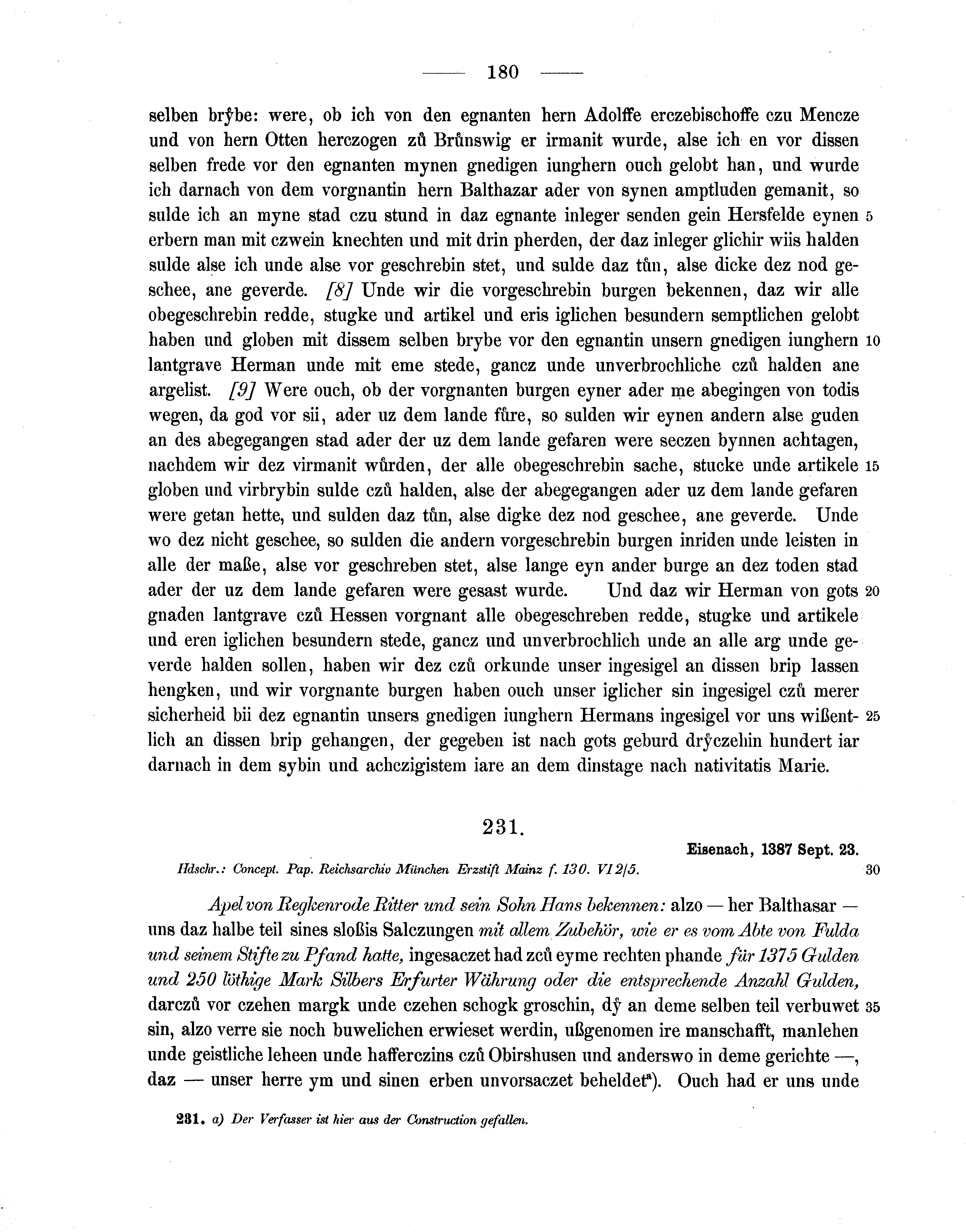 Historische Urkunde Seite 180 aus Band cds1b1