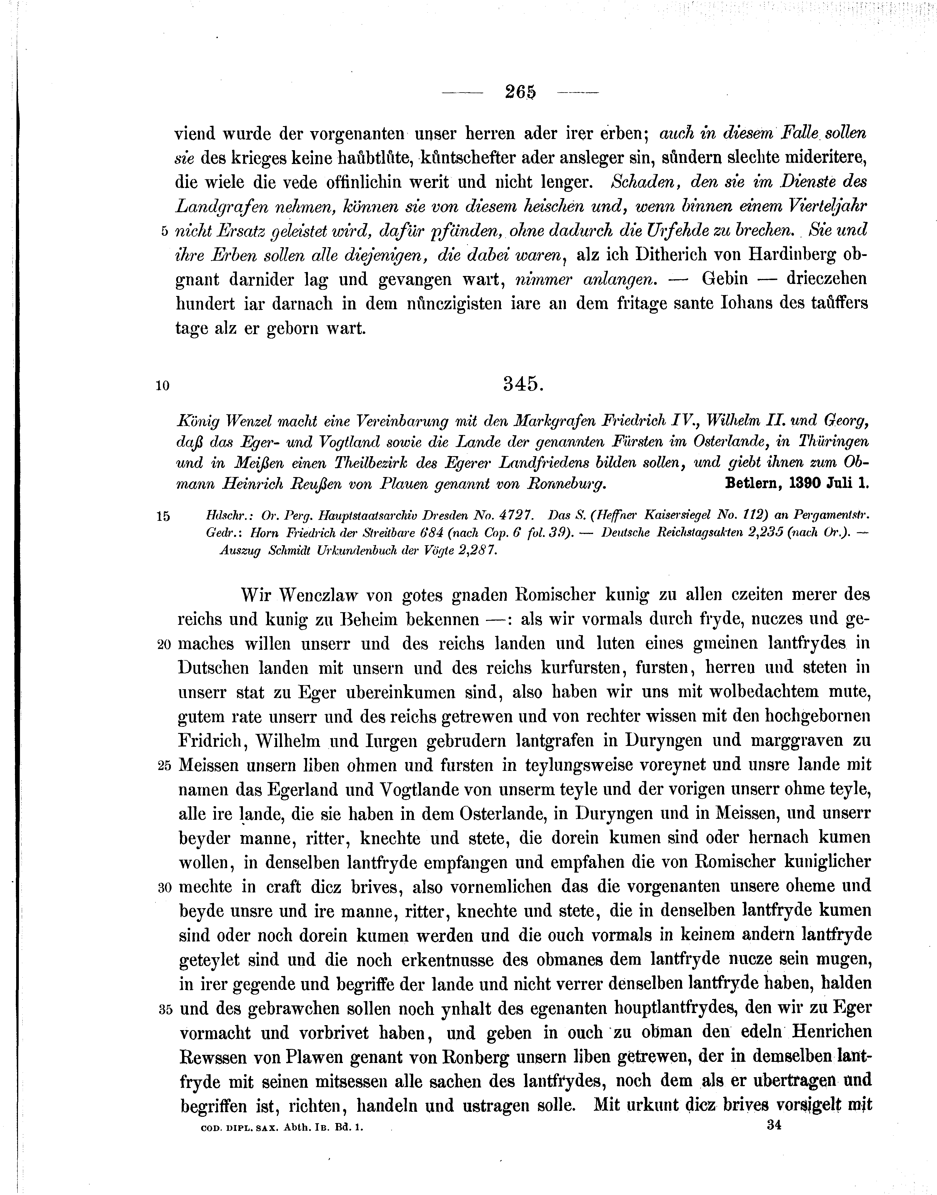 Historische Urkunde Seite 265 aus Band cds1b1