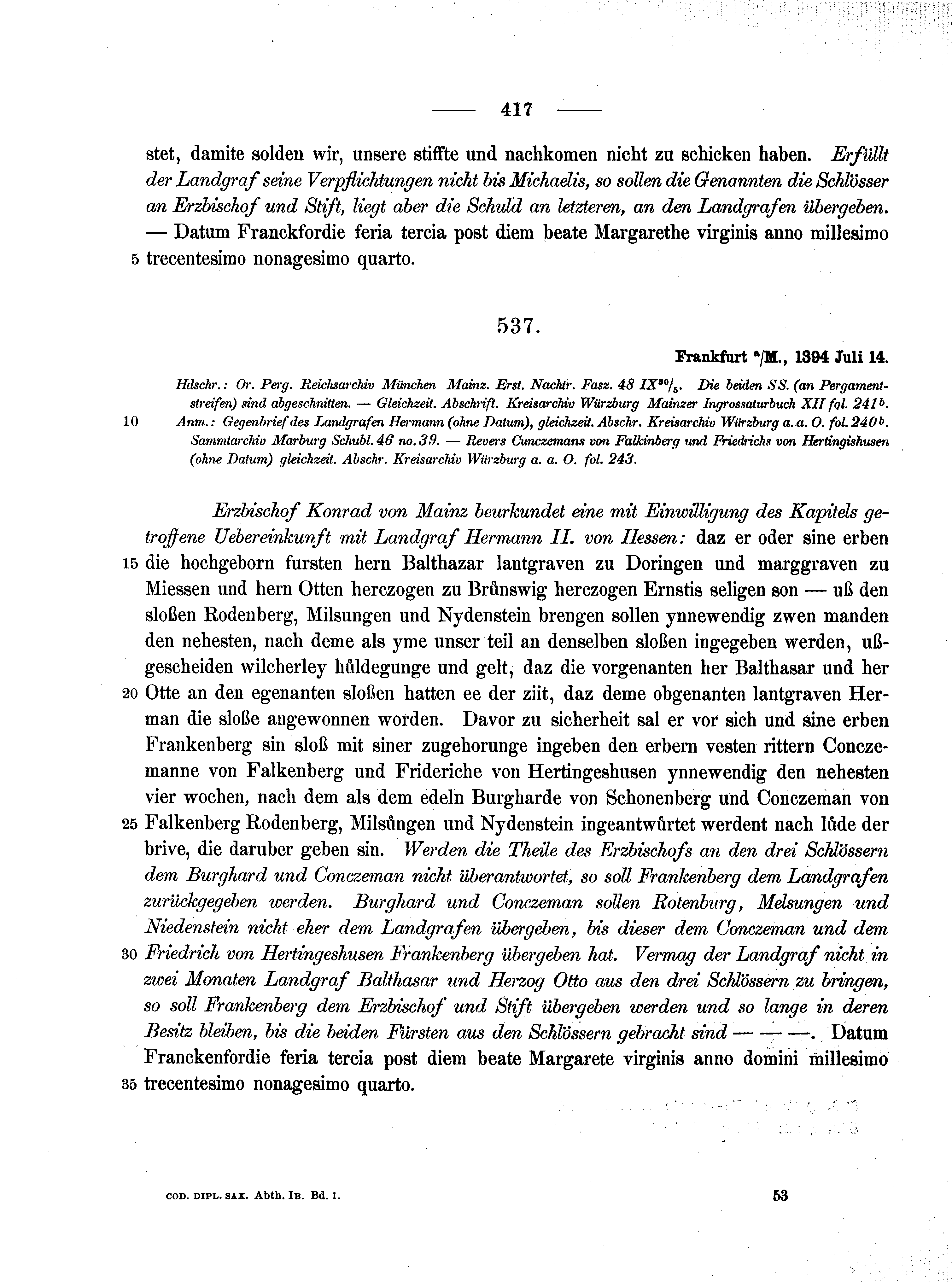 Historische Urkunde Seite 417 aus Band cds1b1