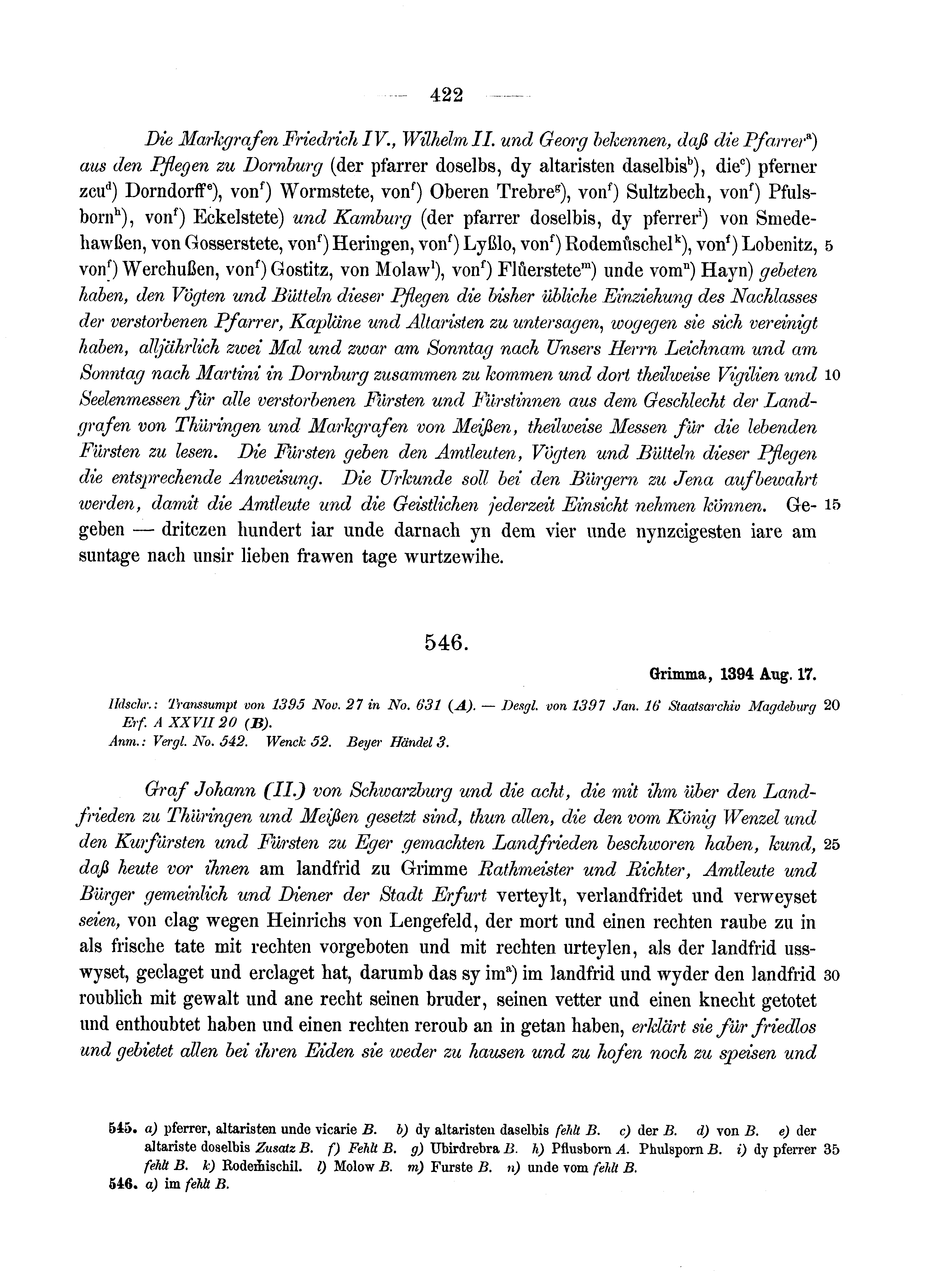 Historische Urkunde Seite 422 aus Band cds1b1