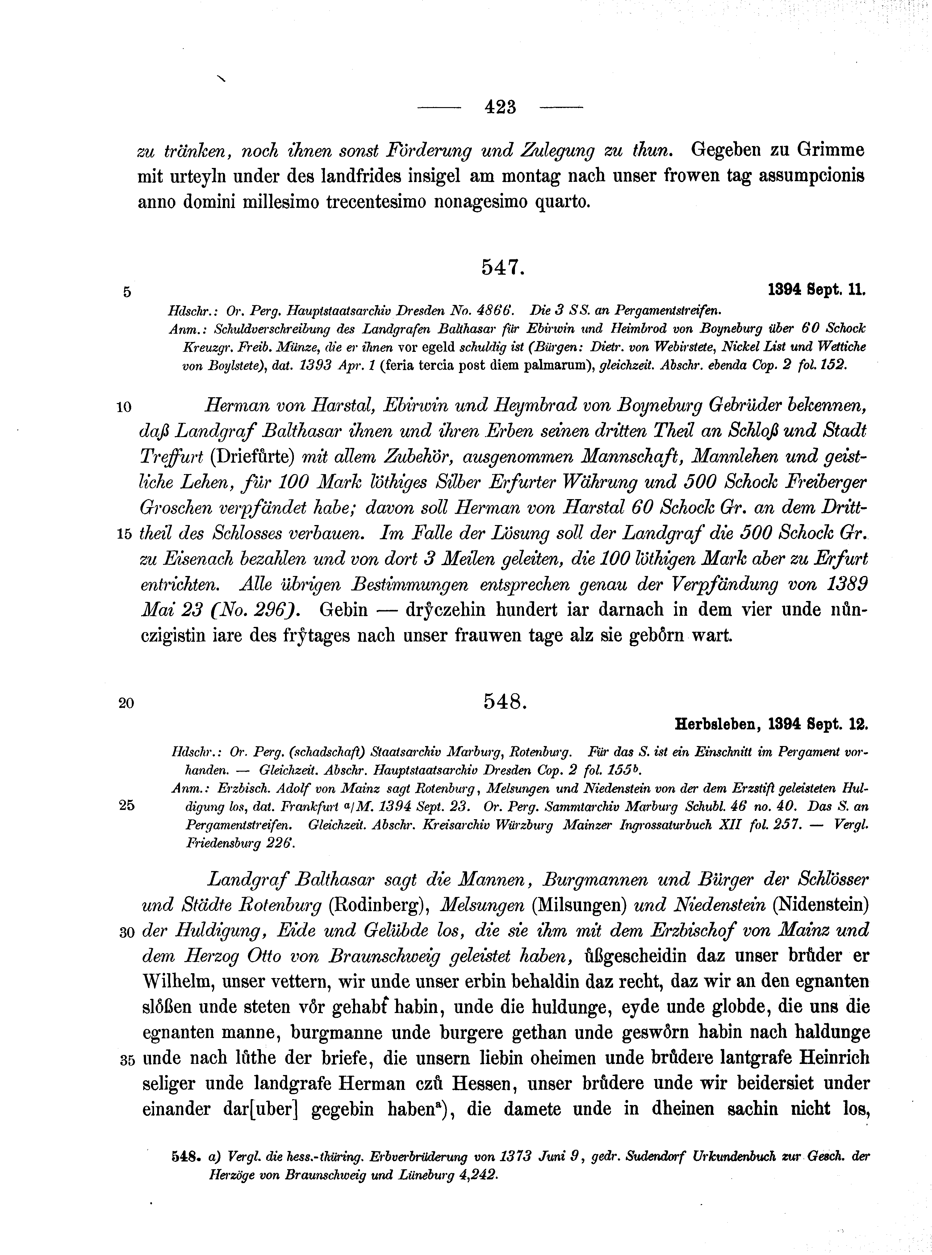 Historische Urkunde Seite 423 aus Band cds1b1
