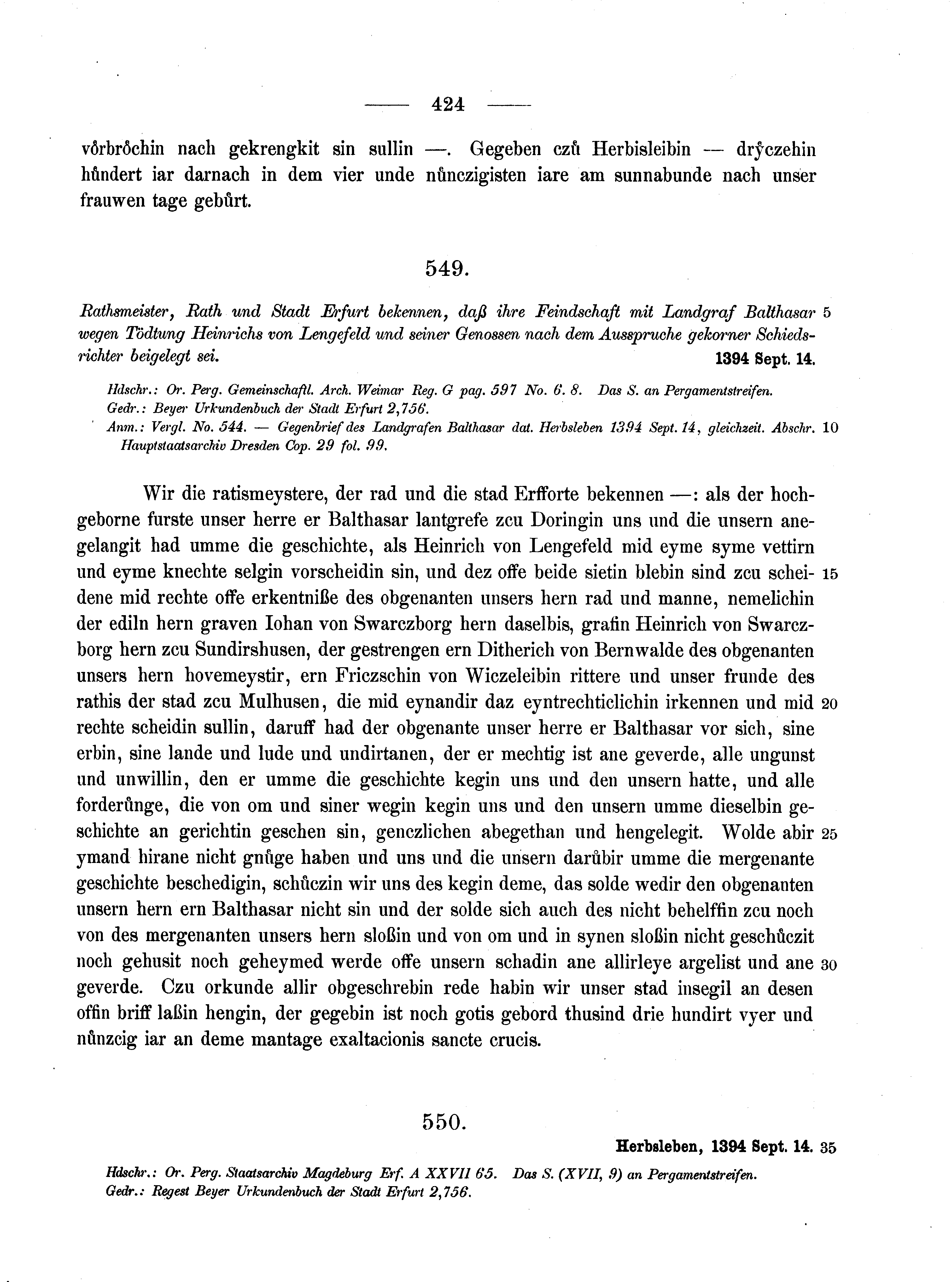 Historische Urkunde Seite 424 aus Band cds1b1