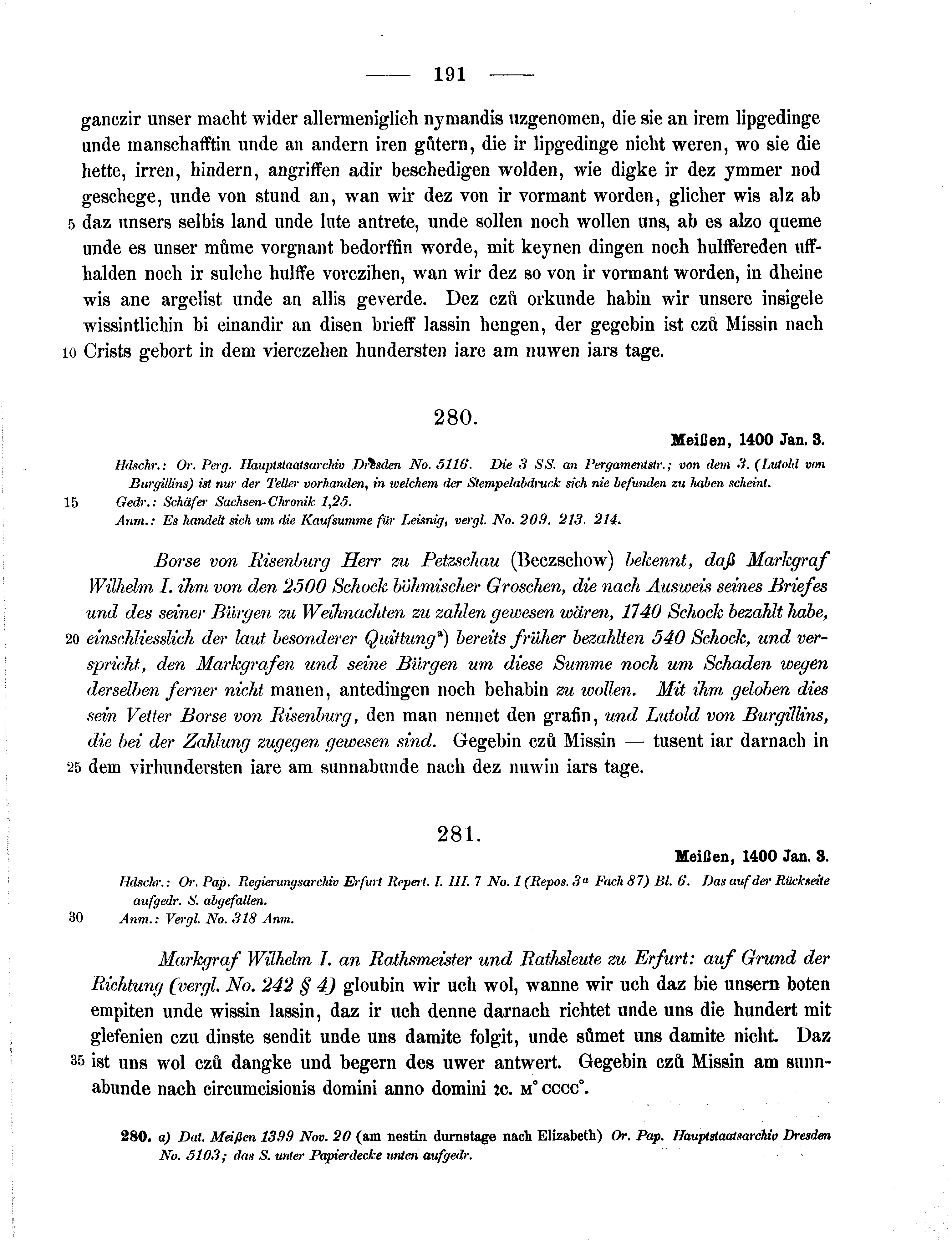 Historische Urkunde Seite 191 aus Band cds1b2