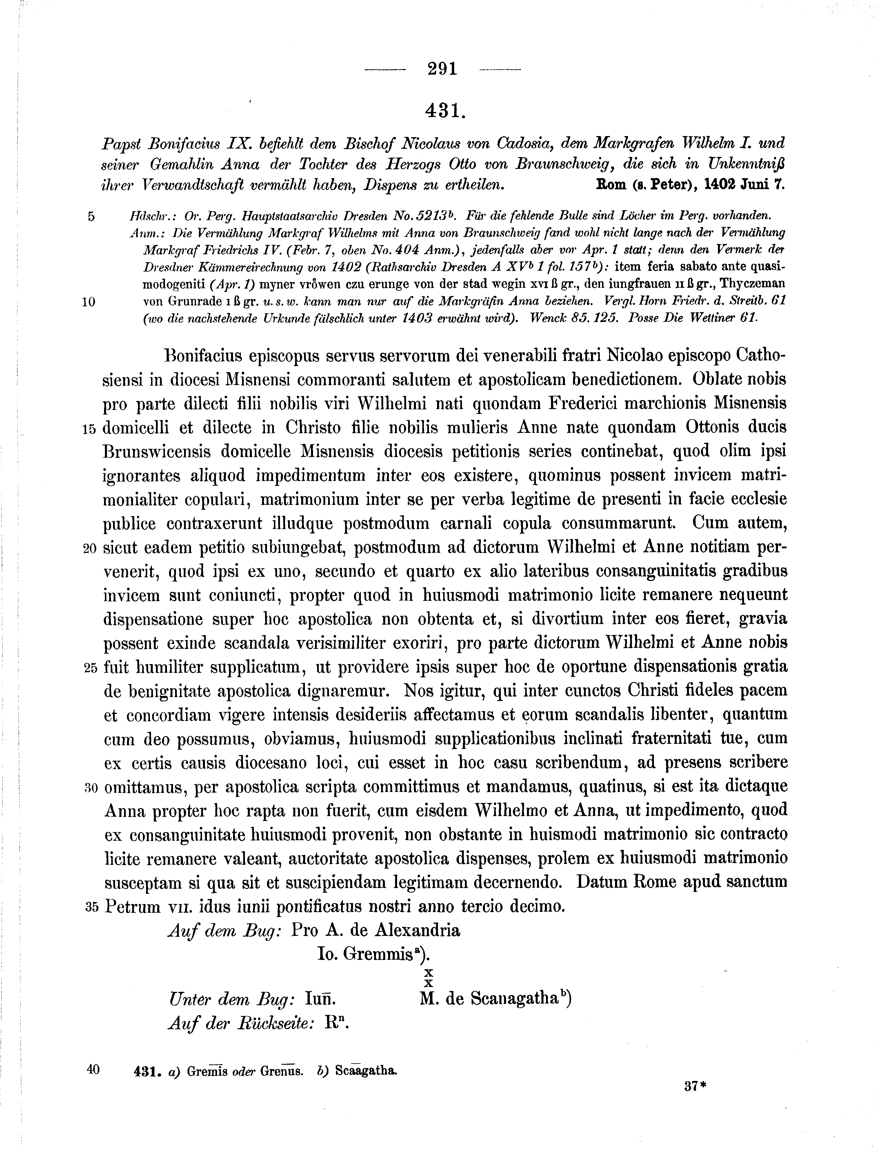 Historische Urkunde Seite 291 aus Band cds1b2