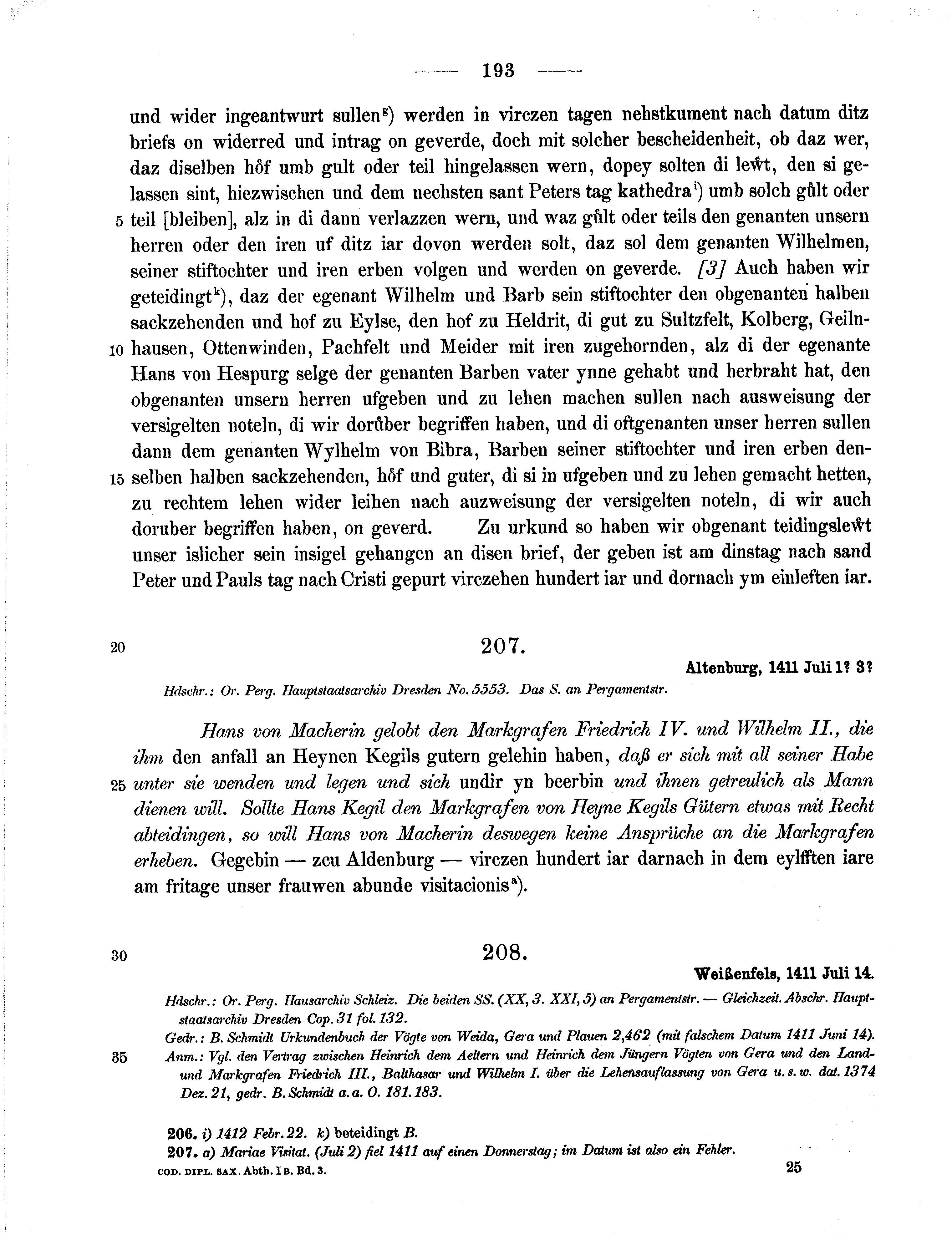 Historische Urkunde Seite 193 aus Band cds1b3
