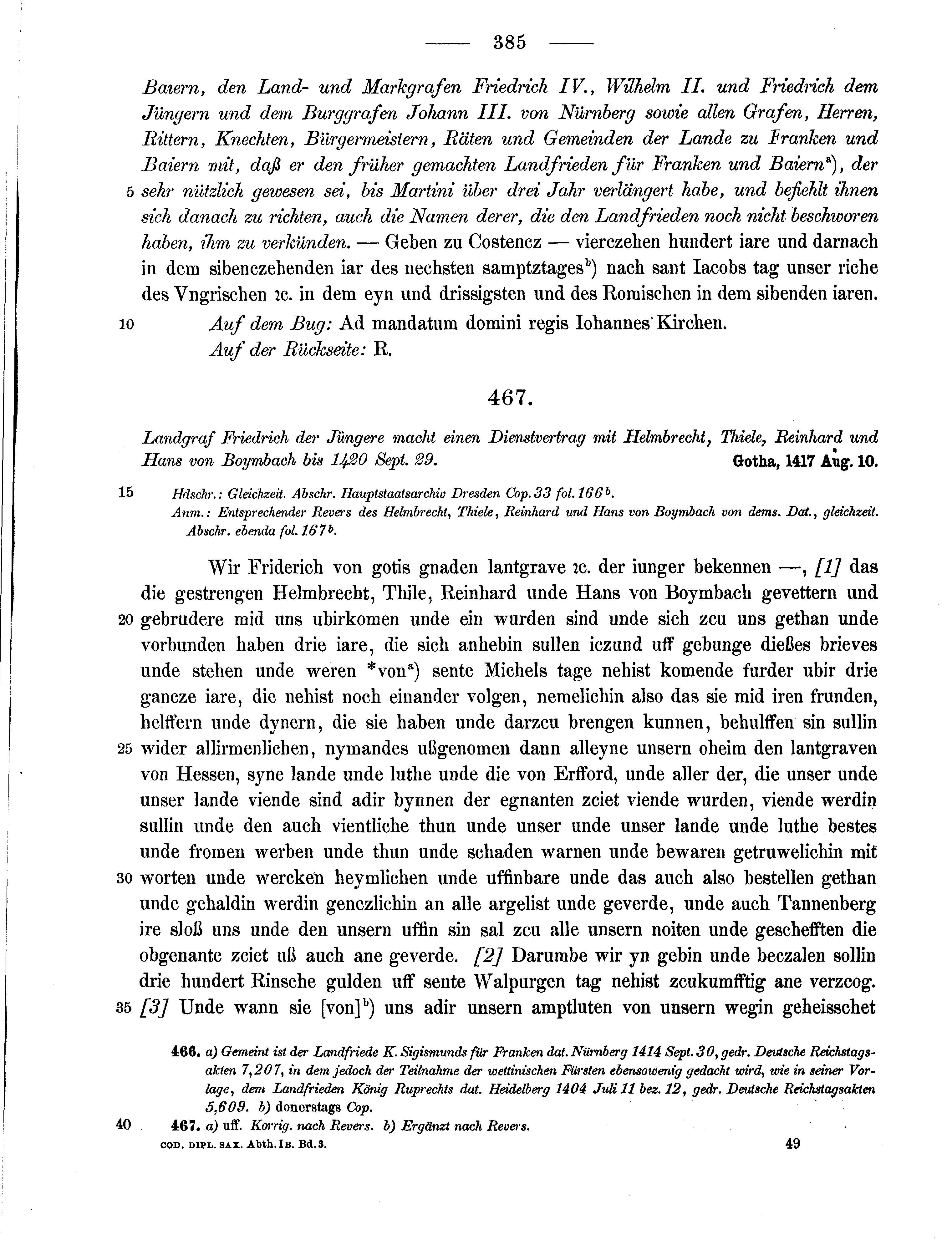Historische Urkunde Seite 385 aus Band cds1b3