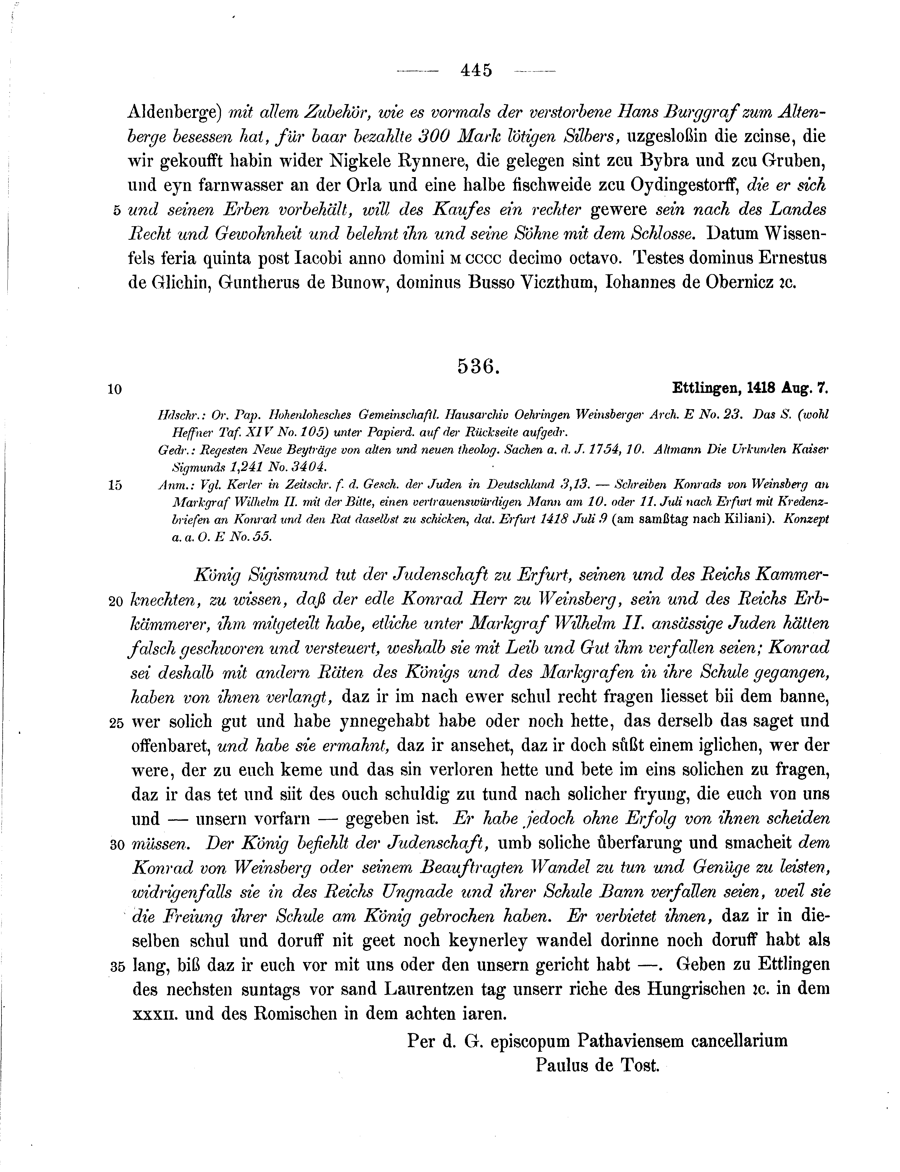 Historische Urkunde Seite 445 aus Band cds1b3