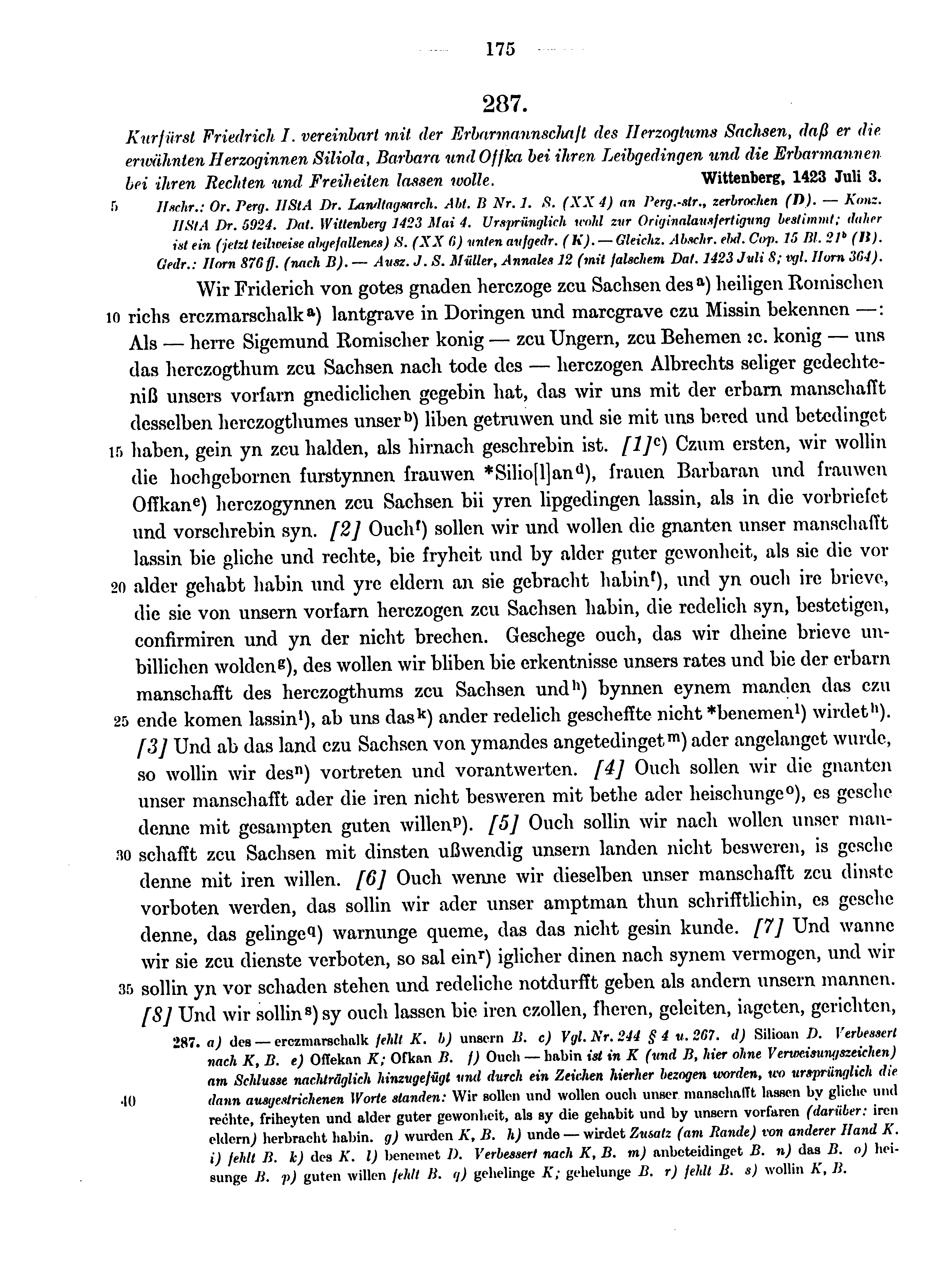 Historische Urkunde Seite 175 aus Band cds1b4