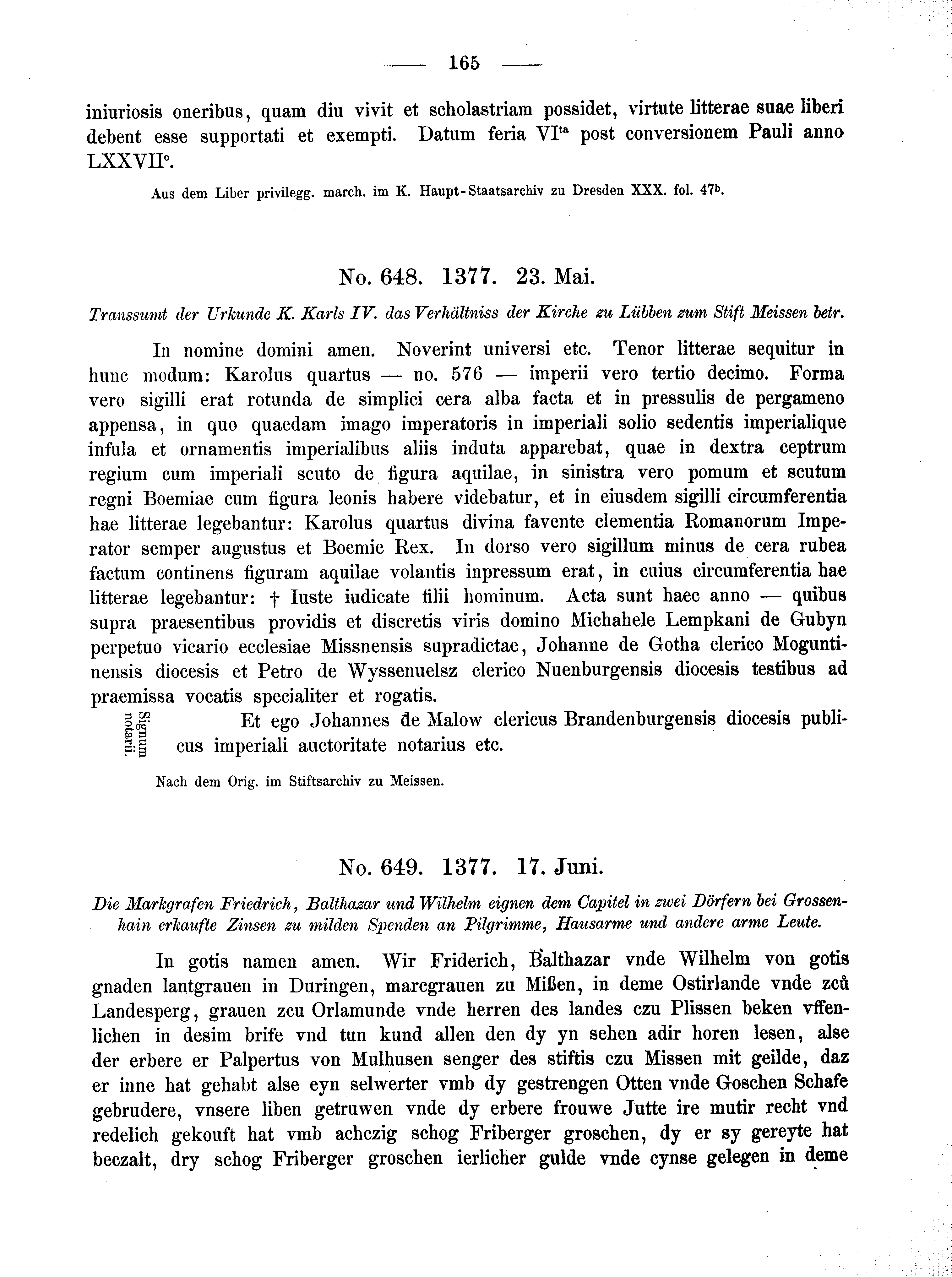 Historische Urkunde Seite 165 aus Band cds2_02
