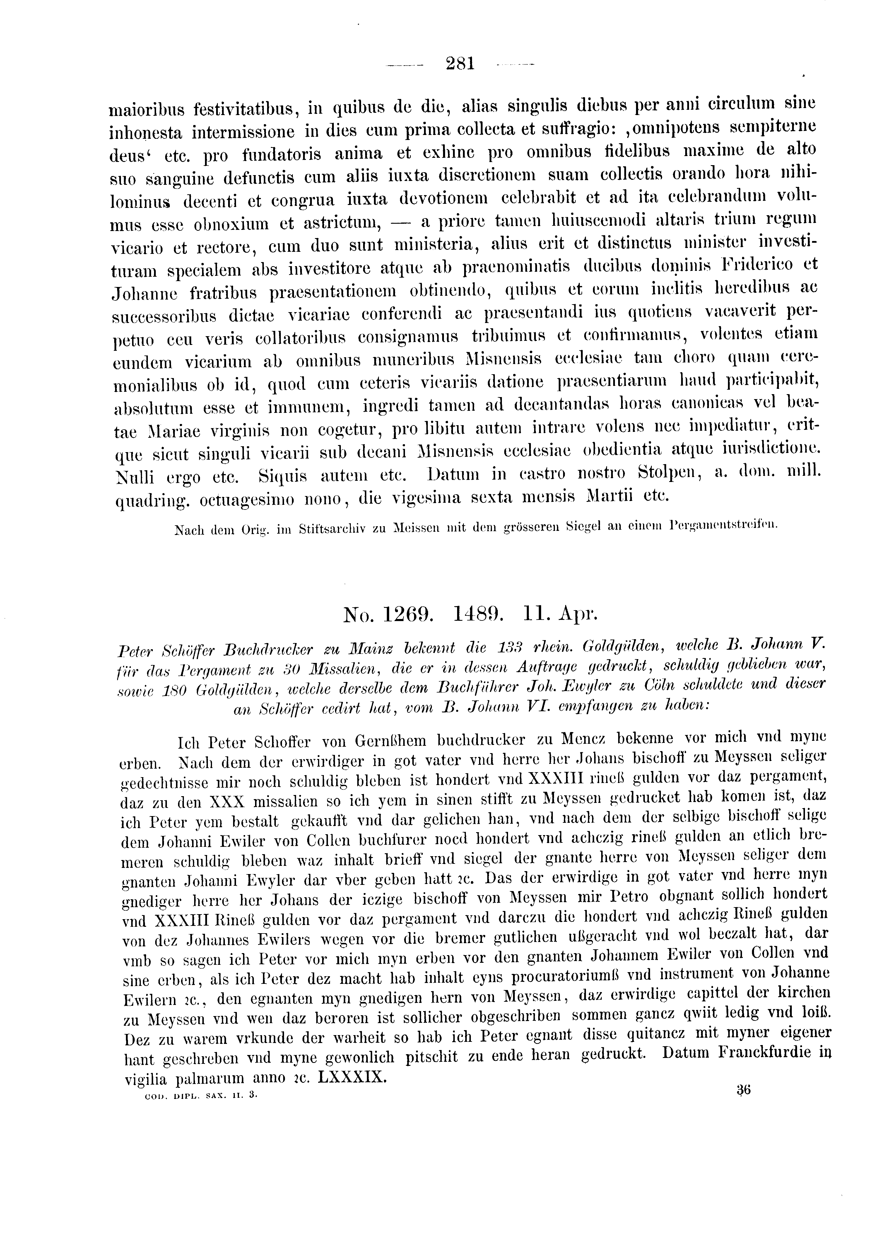 Historische Urkunde Seite 281 aus Band cds2_03