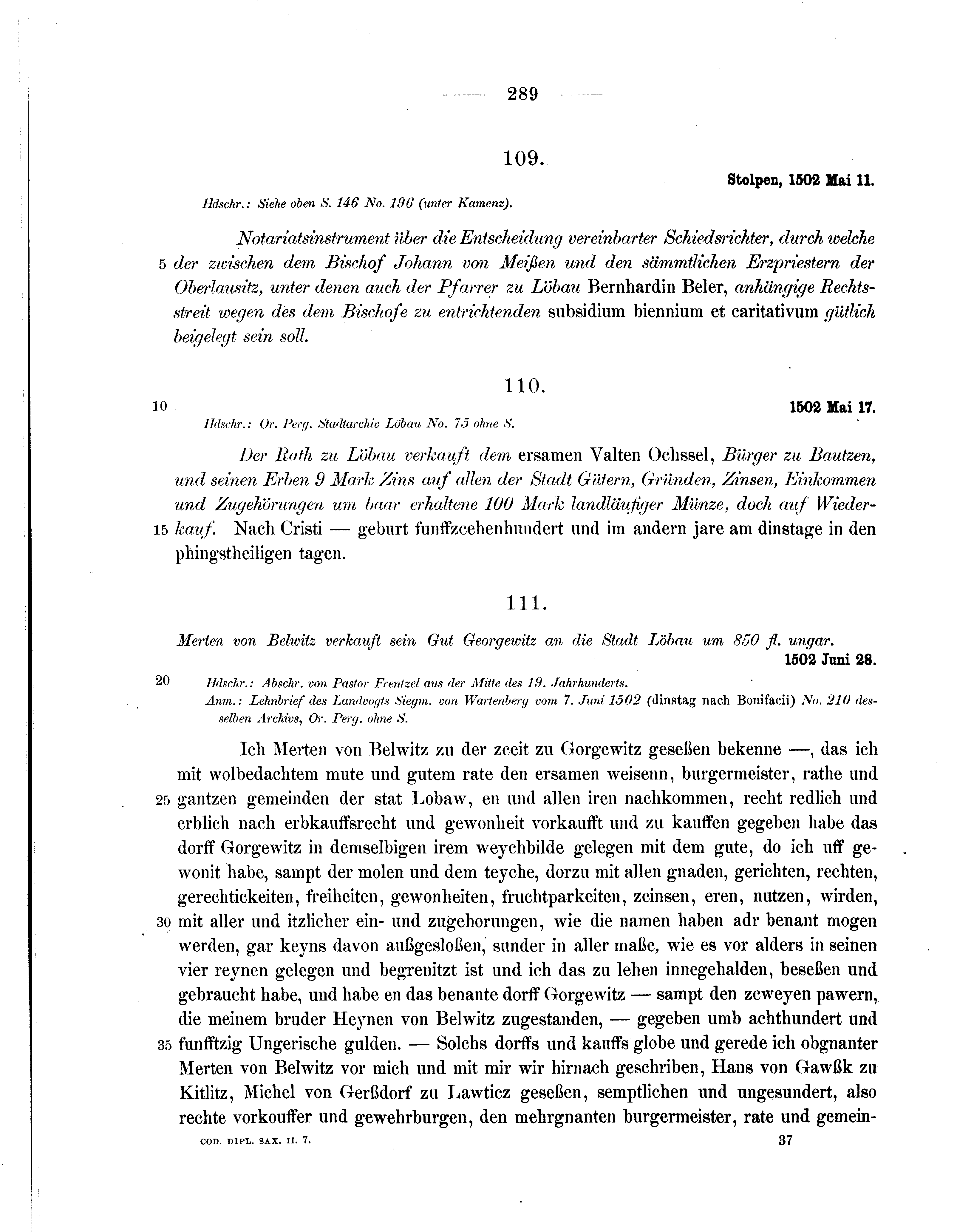 Historische Urkunde Seite 289 aus Band cds2_07